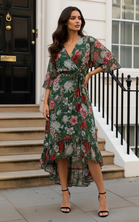 Kimono Sleeve Floral Maxi Wrap Dress in Green