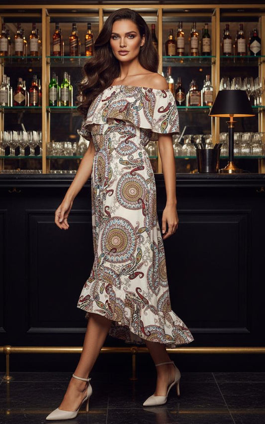 Cream Paisley Printed Bardot Style Midi Dress