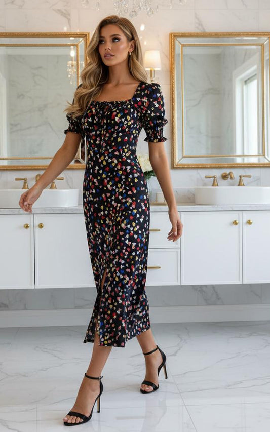 Heart print bardot midi dress with front tie bow fastening in black