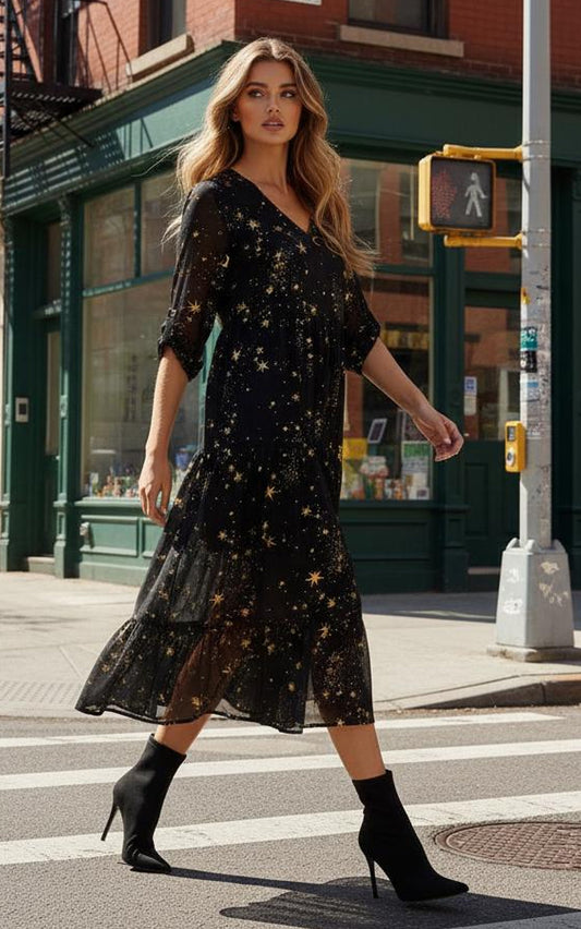 Black/Gold Star & Moon Flowy Maxi