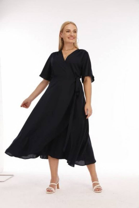 Plus Size Navy print plunge neck maxi wrap dress
