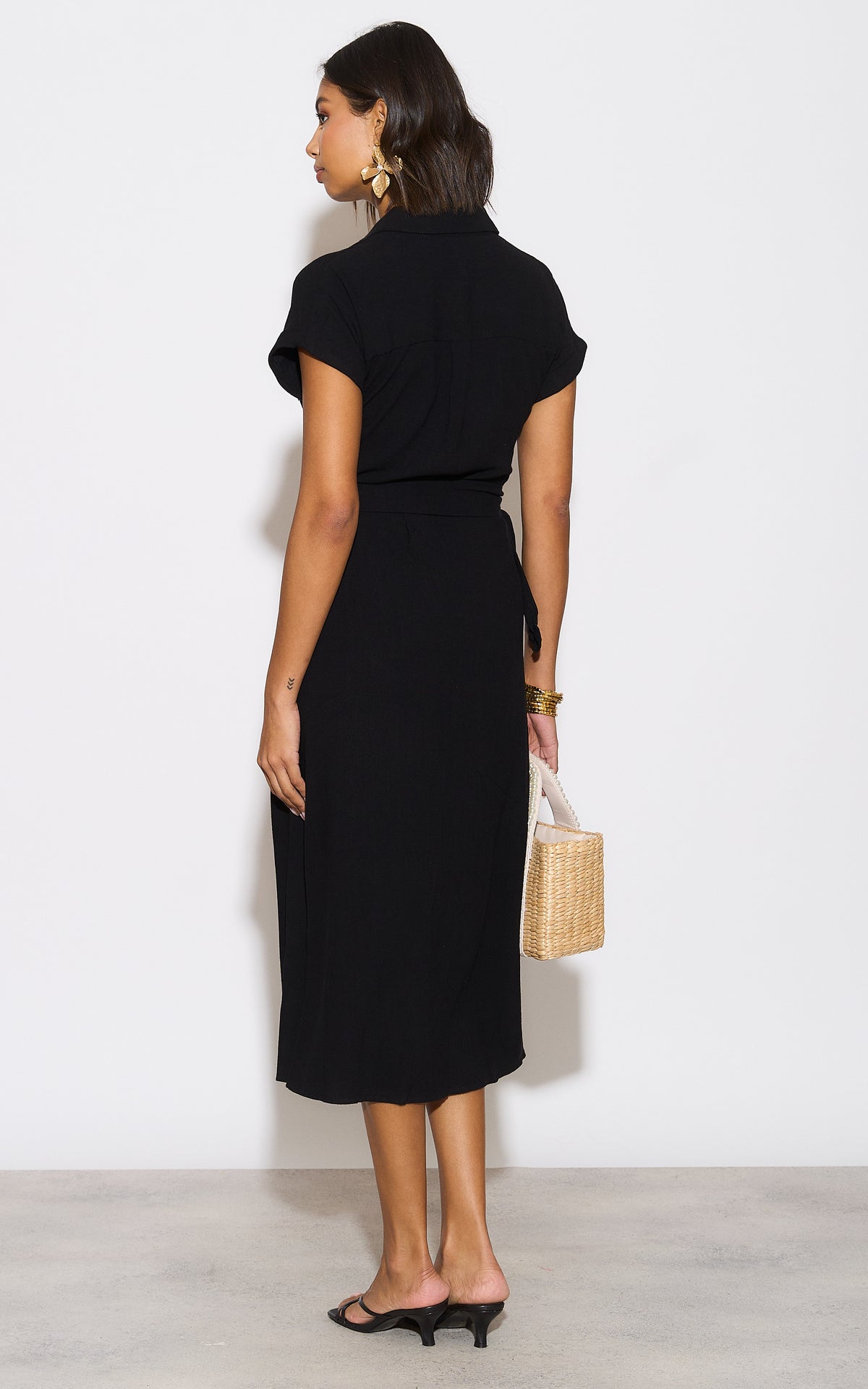 Black Viscose Linen Look Midi Shirt Dress With Wooden Belt