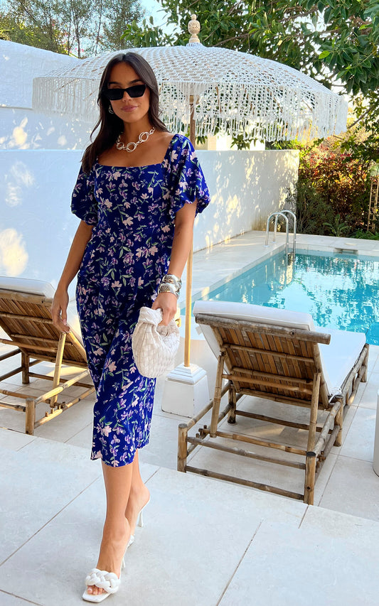 Bardot midi dress with smock detail in blue floral print