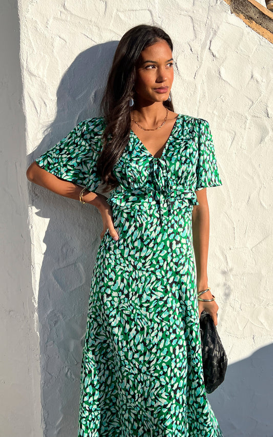 Amazon green print maxi dress with frill detail