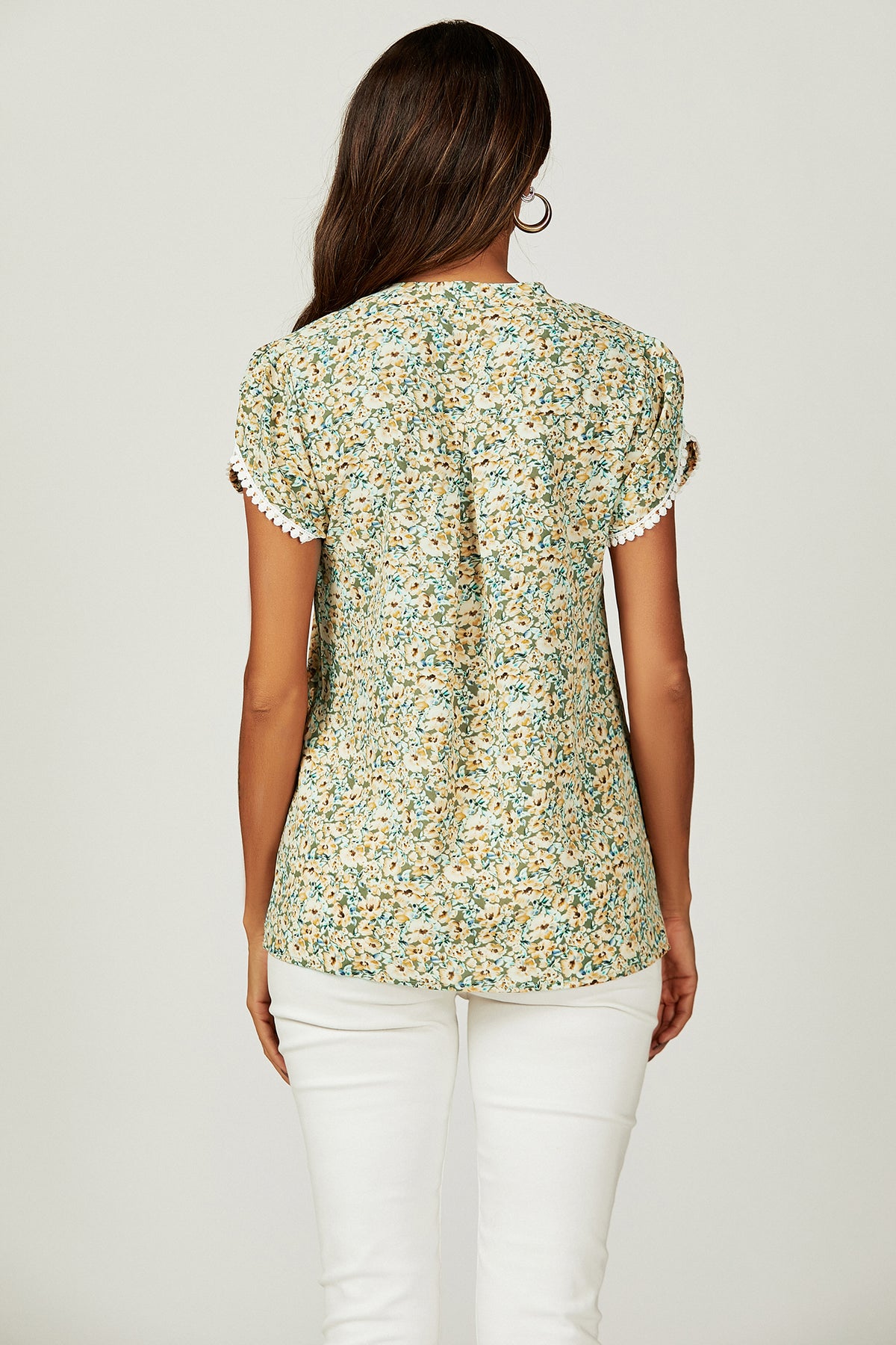 Floral Print Lace Trim Short Sleeve Blouse Top In Green