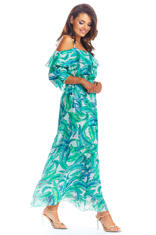 Cold Shoulder Maxi Dress in Green Floral Print