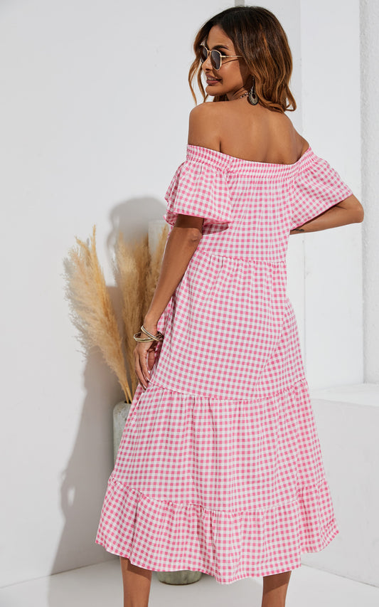 Relaxed Off Shoulder Bardot Frill Midi Dress In Pink