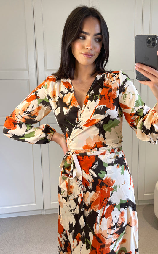 Multicolour floral print long sleeves wrap dress with belt fastening