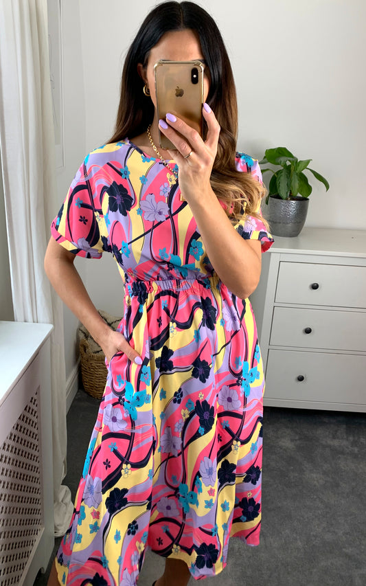 Multicolour print midi dress with back cut-out details and tie bow