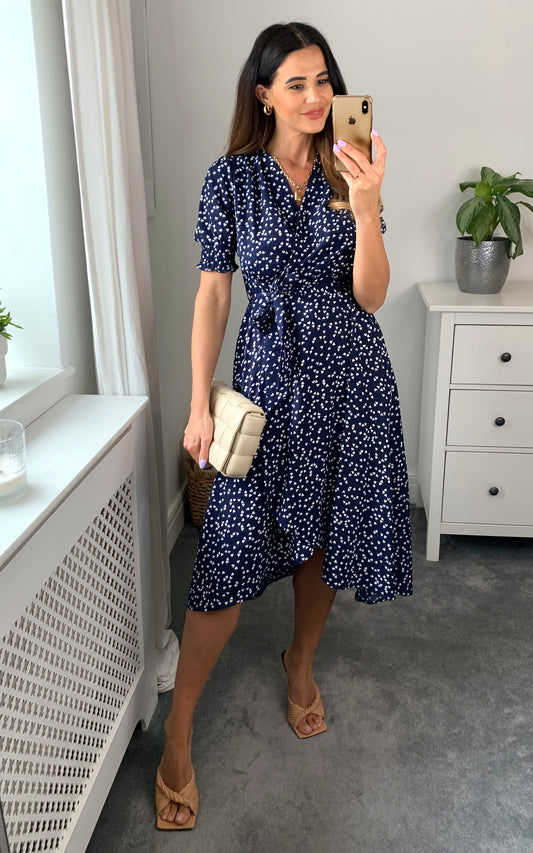 Navy heart print smock wrap midi dress