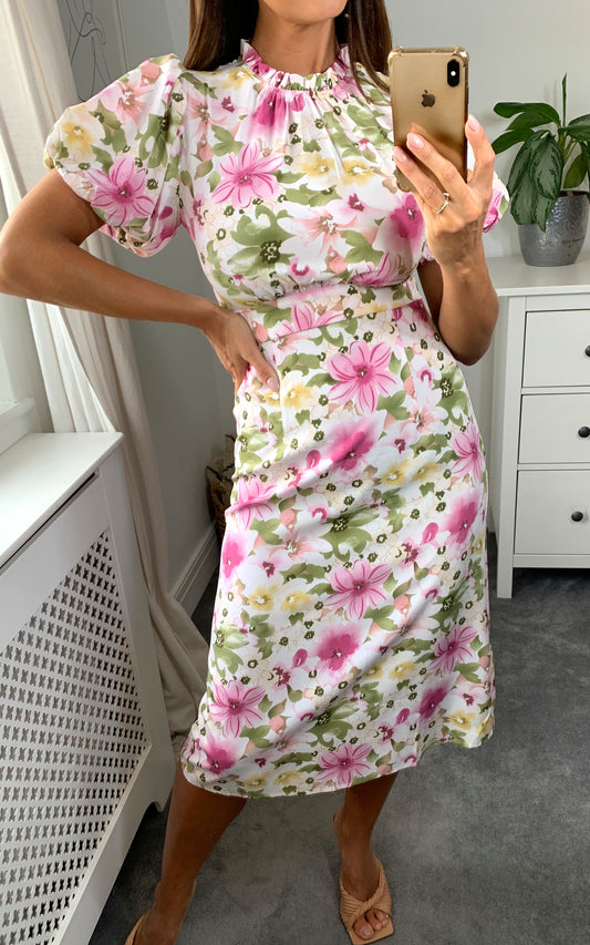 Multicolour floral print midi dress with high neck and frill detail