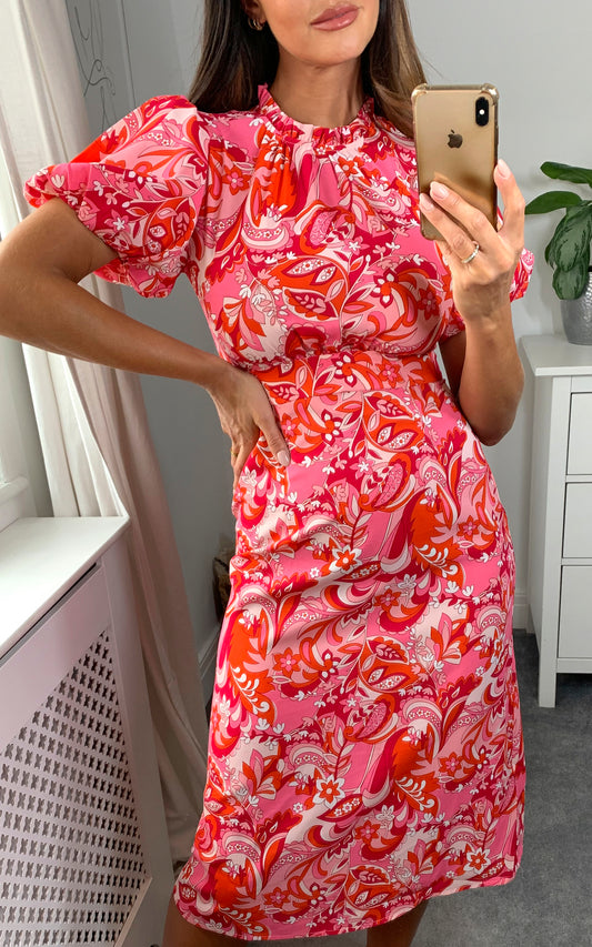 Multicolour floral print midi dress with high neck and frill detail in red and pink