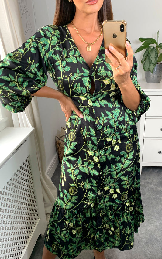 Floral print v-neck button down midi dress in green