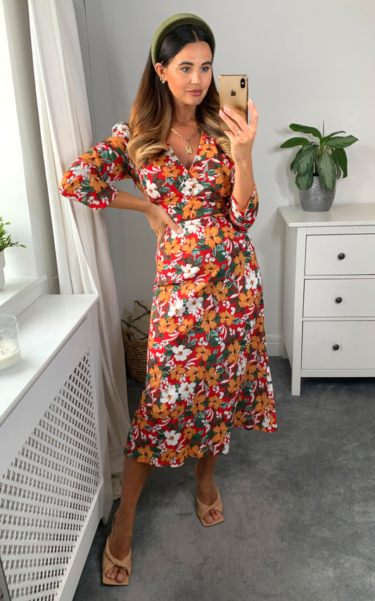 Floral print V-neck long sleeves with button detail maxi dress in multicolour