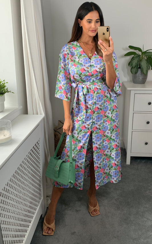 Floral print long sleeves midi dress with button down and belt fastening in multicolour