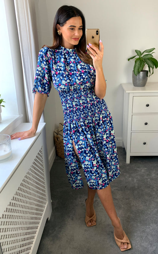 Floral print midi dress with smock details in blue