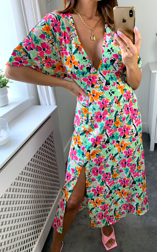 V-neck midi dress in multicolour floral print