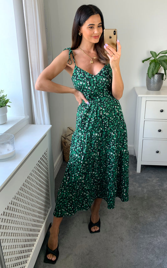 Cami tiered maxi dress in green/black leopard print