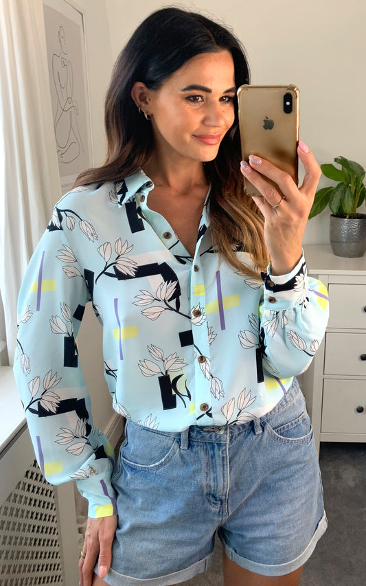 Multicolour print long sleeves collared shirt in blue