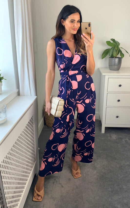 Sleeveless printed jumpsuit in pink/navy