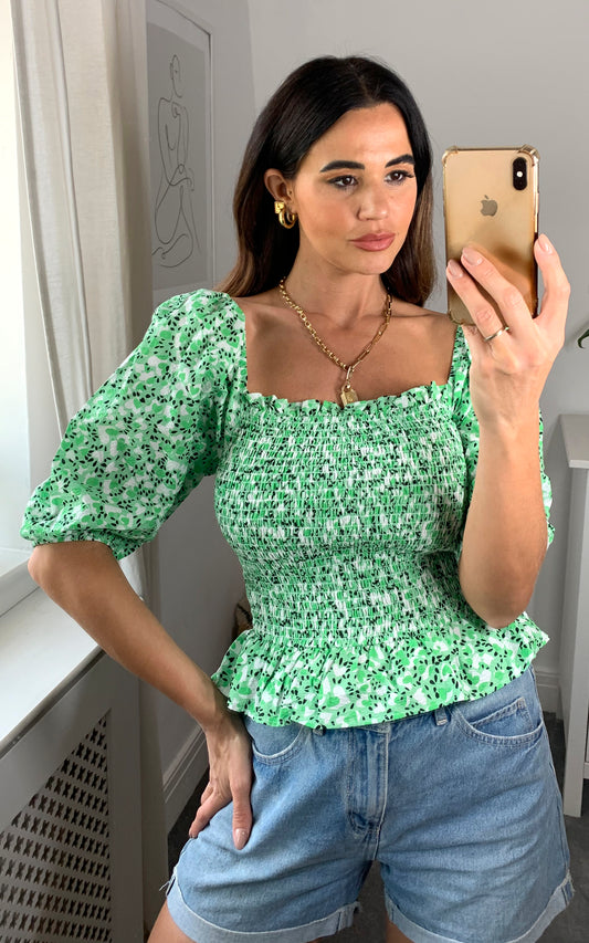 Green floral bardot top with frill detail