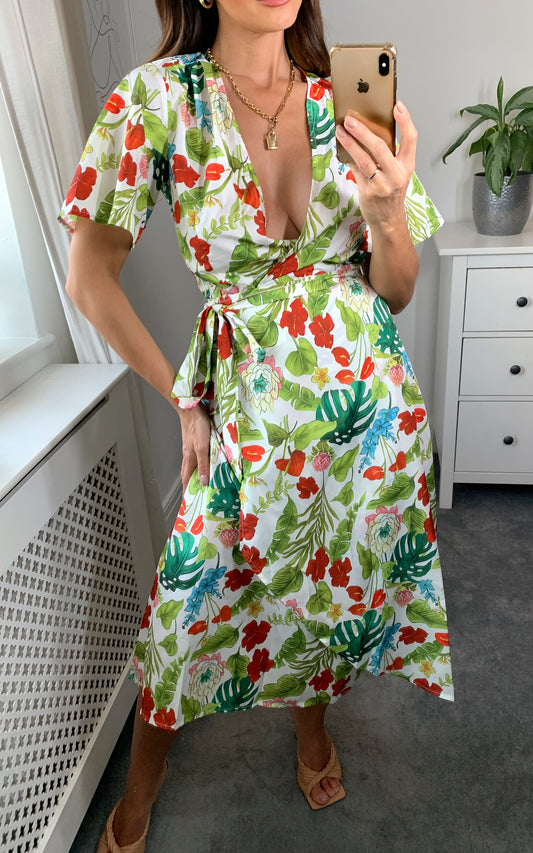 Botanical floral print midi wrap dress in multicolour
