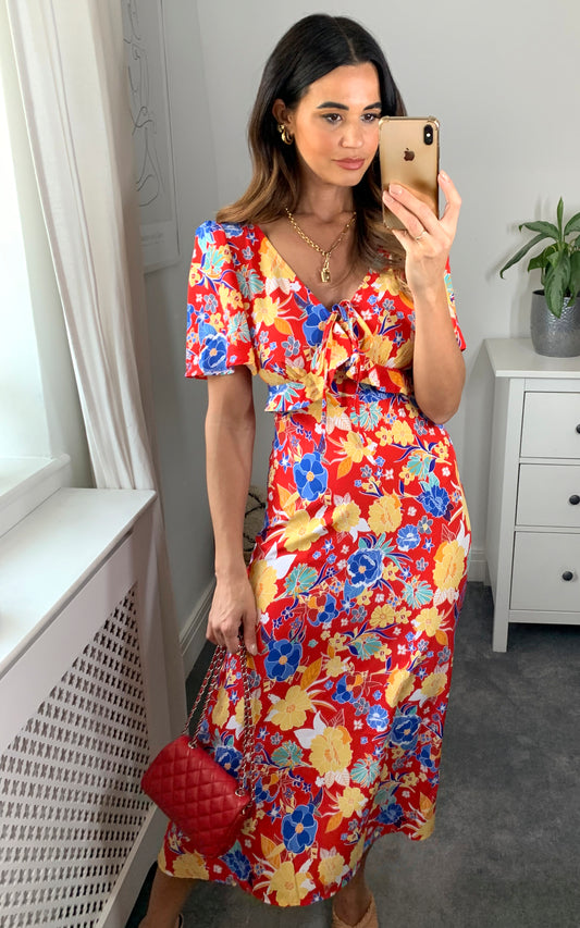 Red V-neck maxi dress with frill detail in multicolour floral print
