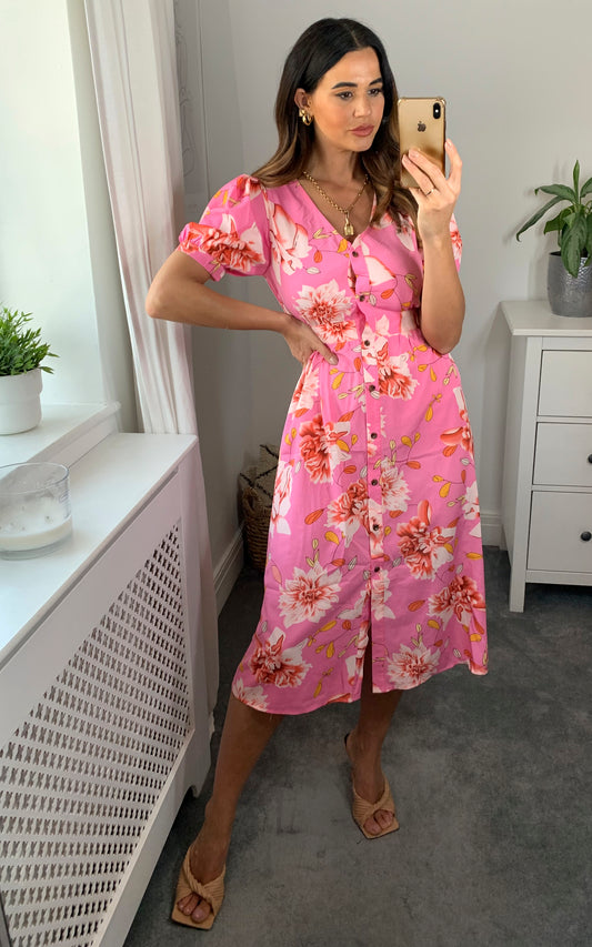 V-neck floral print button down midi dress in pink/red