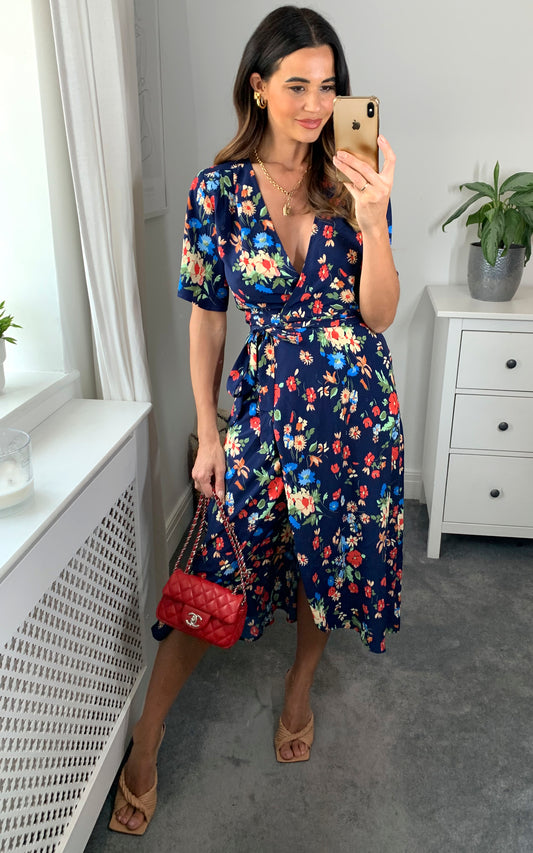 Multicolour floral print wrap dress with belt fastening in navy