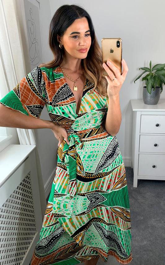 Multicolour abstract print wrap dress with short sleeves and belt fastening