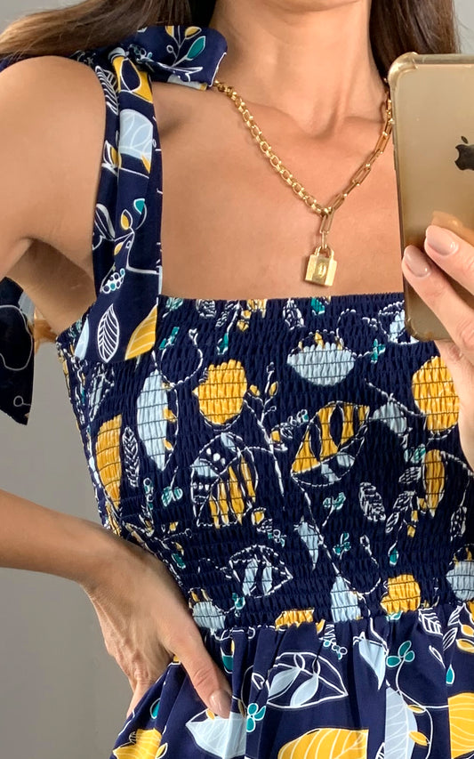 Bardot print dress with tie bow detail in multicolour