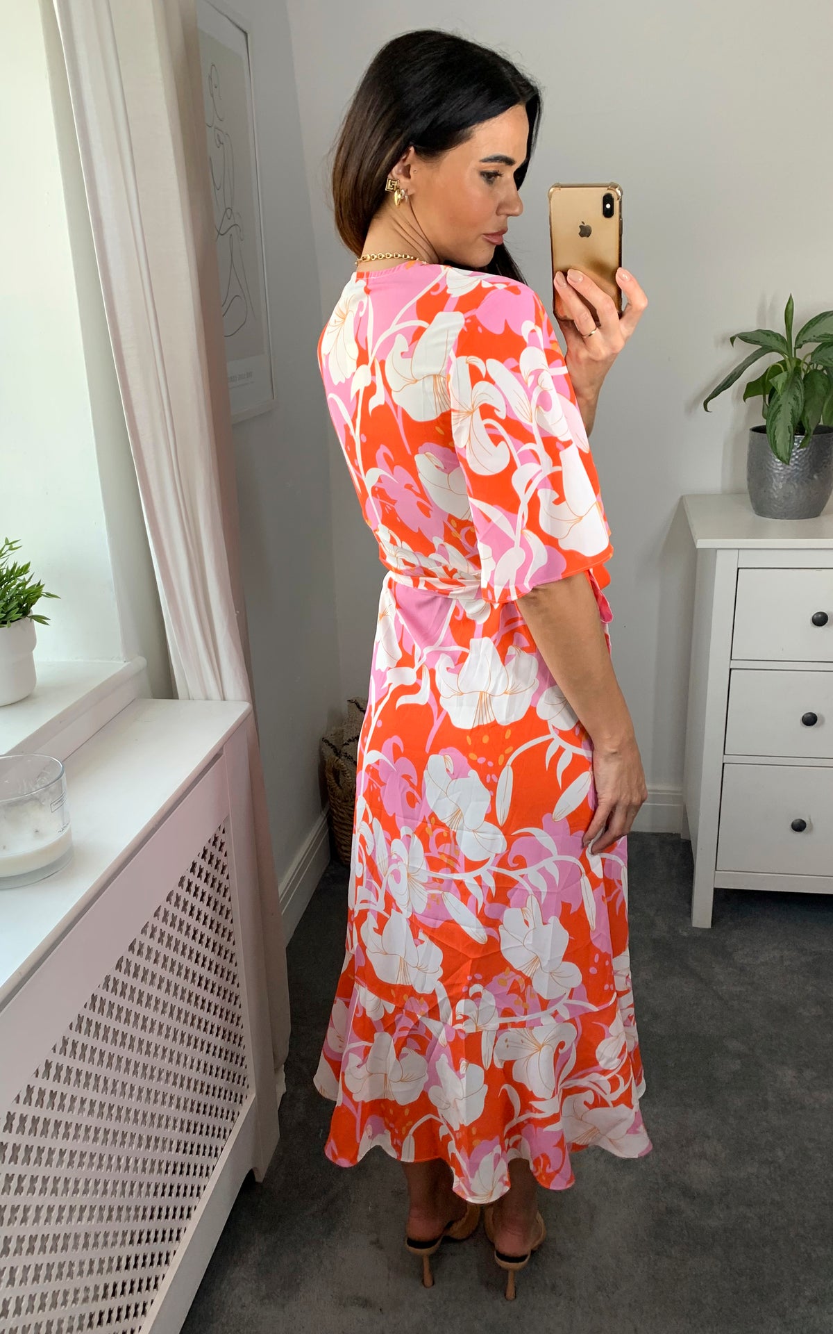 Midi wrap dress in pink, white and orange floral print