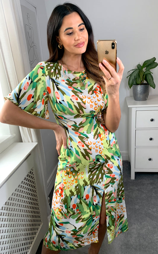 Green floral print midi dress with angel sleeves