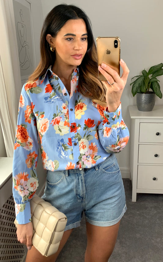Multicolour floral print long sleeves collared blouse shirt in blue