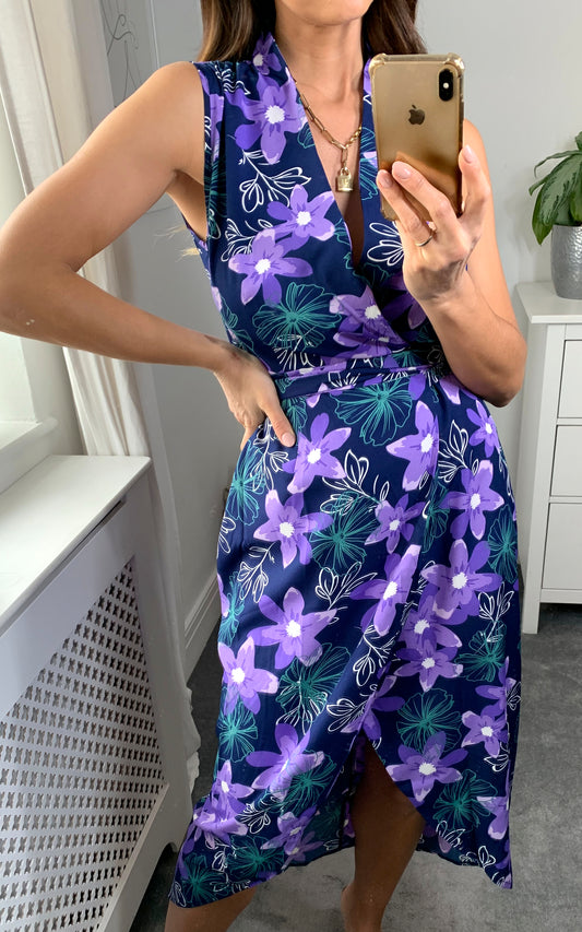 Multicolour floral print sleeveless midi wrap dress in navy