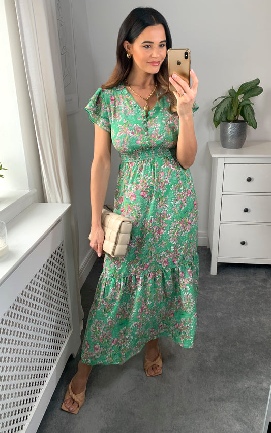 Midi dress with frill detail and layered sleeves in green/violet floral print