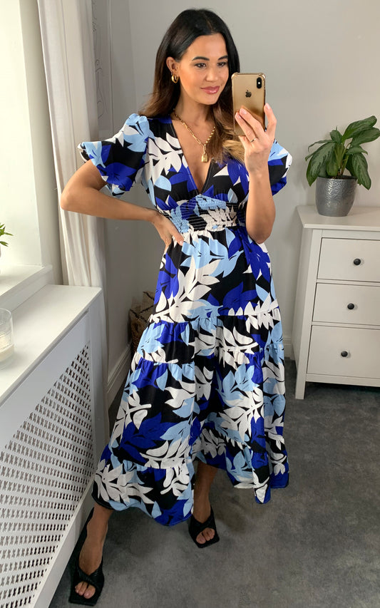 V-neck smock midi dress in blue, white and navy floral print