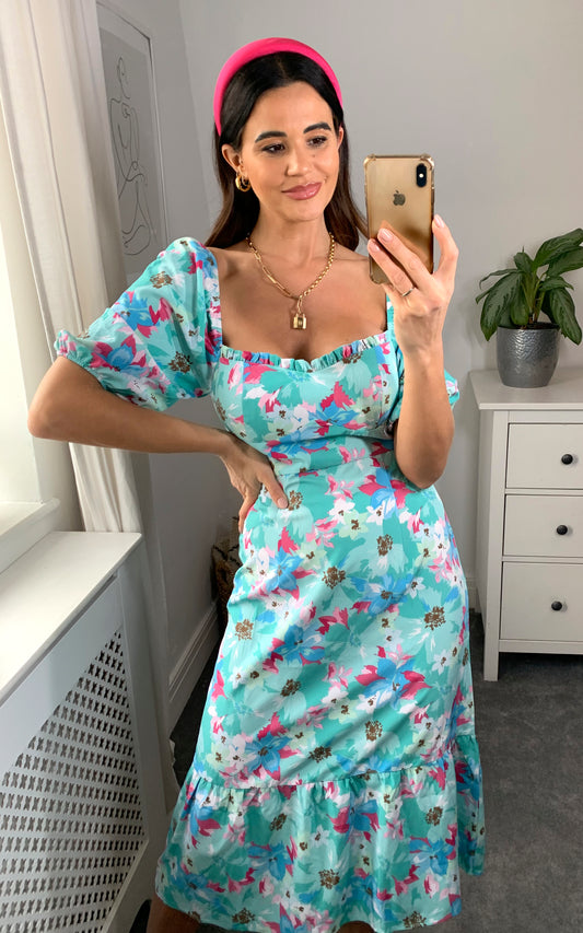 Multicolour floral print bardot tiered midi dress