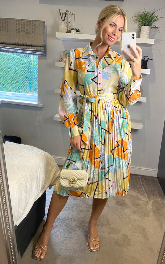 Multicolour floral & abstract print shirt dress with pleat details