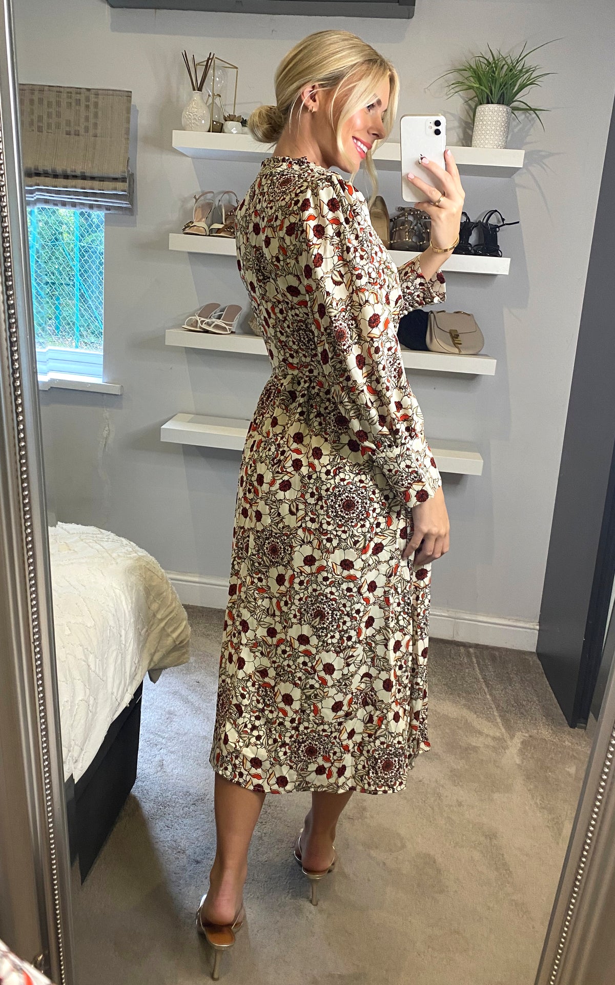 Multicolour floral long sleeves midi dress with fill detail and covered buttons