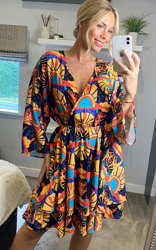 Multicolour abstract print long sleeves midi dress