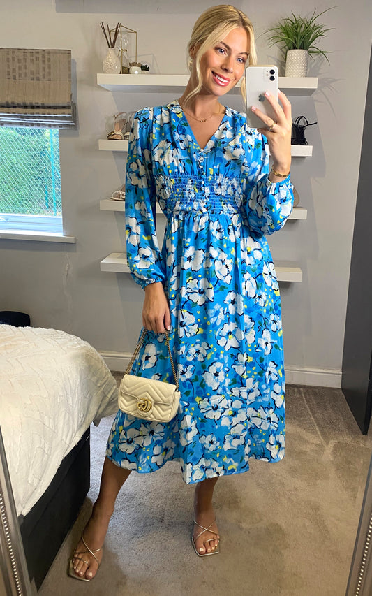 Long sleeves v neck midi dress with smock detail in blue