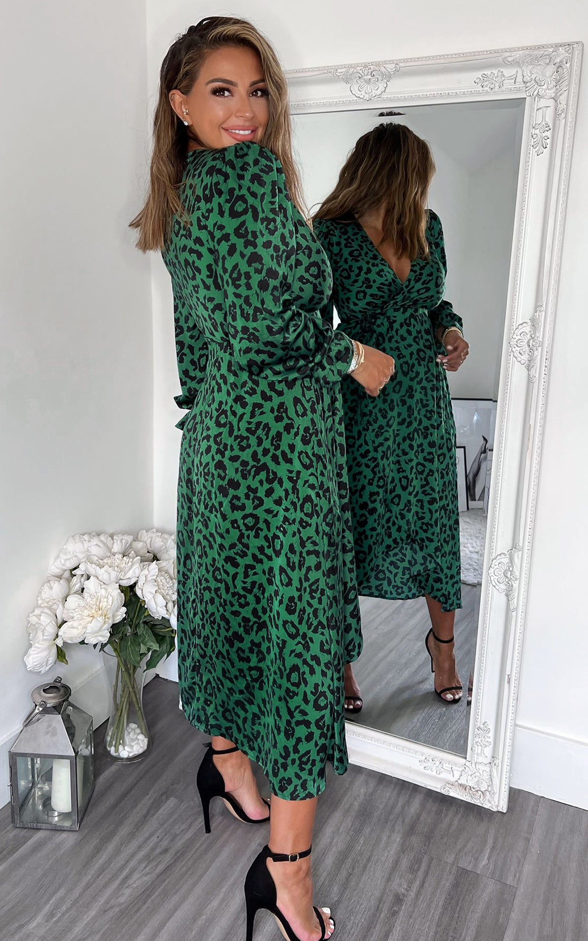 Green And Black Animal Printed Wrap Over Midi Dress