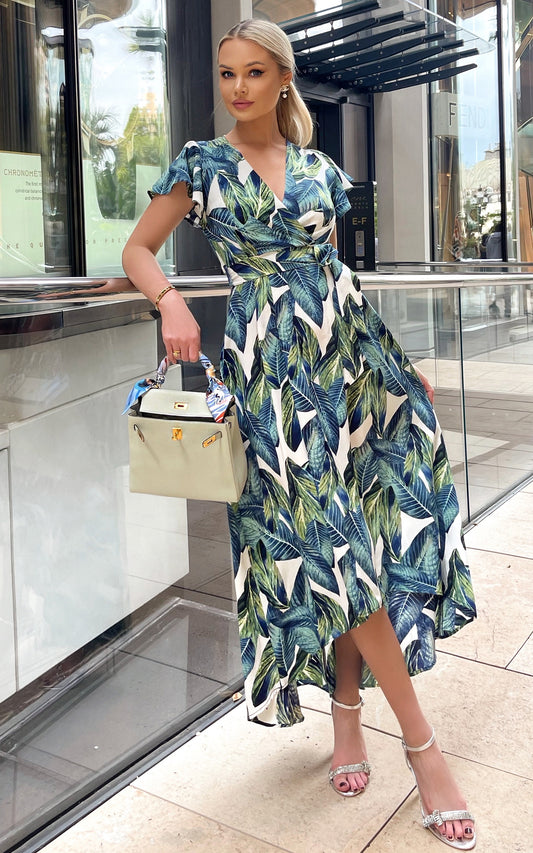 Blue Leaf Print Short Sleeve Belted Wrap Midi Dress