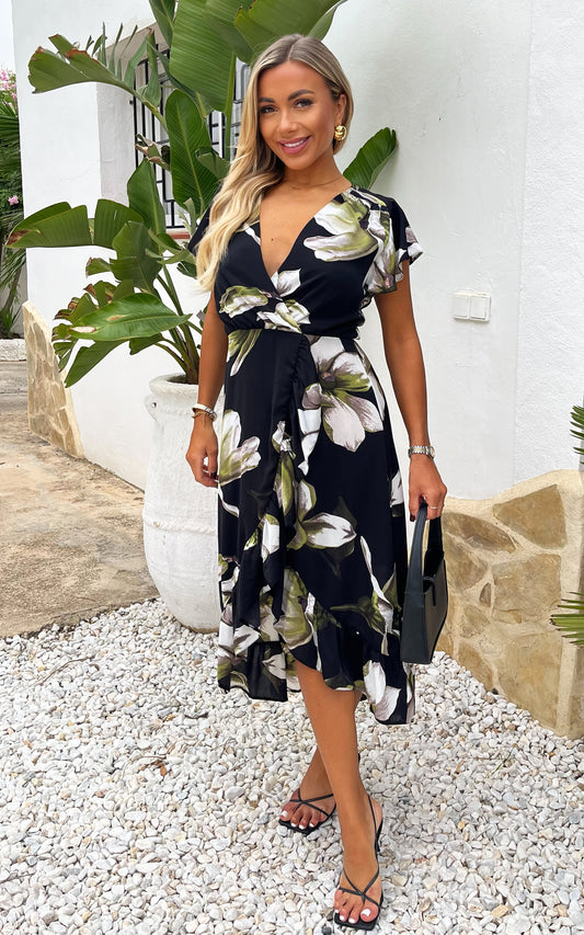 Black And White Floral Print Frill Hem Wrap Midi Dress