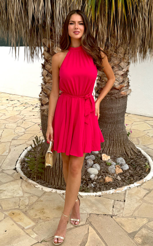 Magenta Halterneck Tie Waist Skater Mini Dress