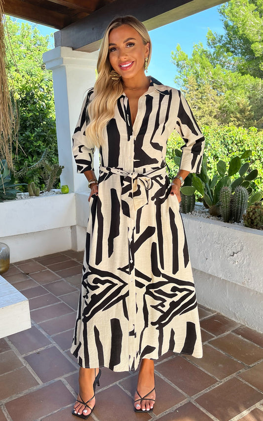 Black And Cream Abstract Print 3/4 Sleeve Shirt Midi Dress