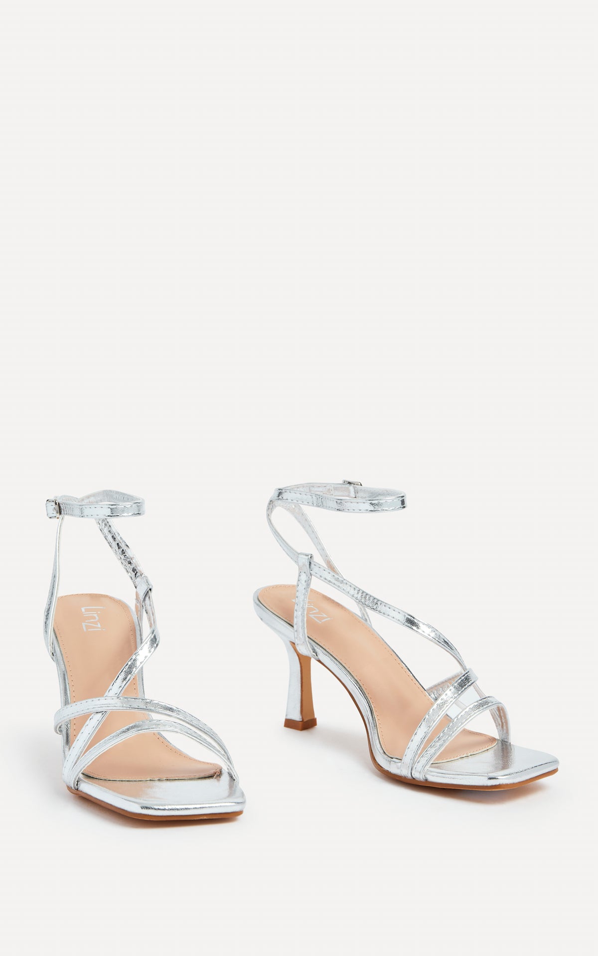 Ella Silver Faux Leather Strappy Square Toe Heeled Sandal