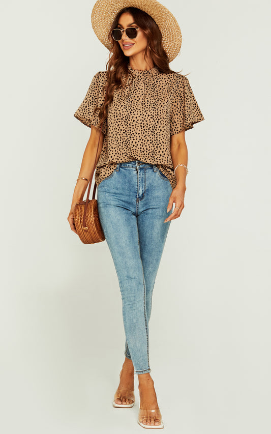 Little Heart Print Angel Sleeve High Neck Top/Blouse In Beige