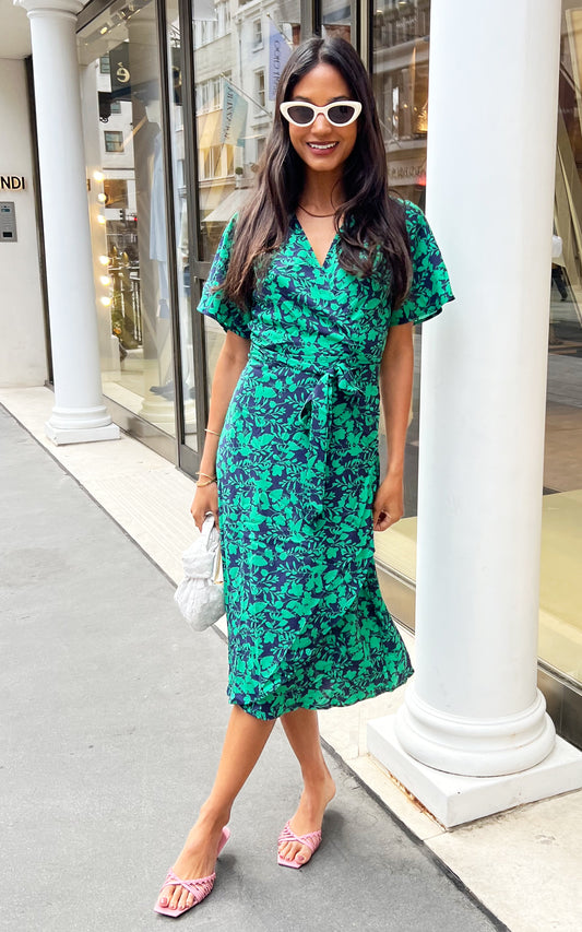 V-neck green floral midi wrap dress in black